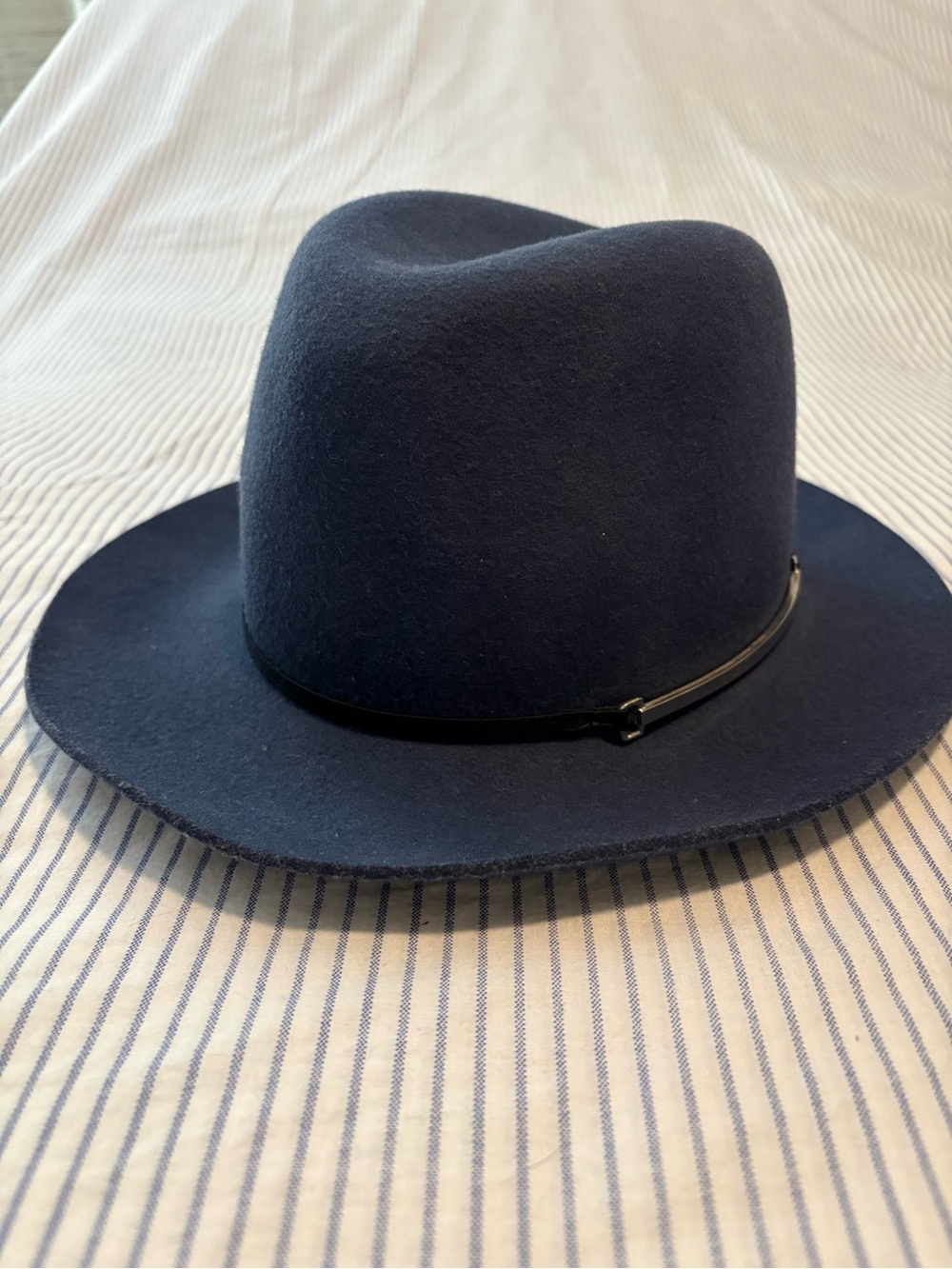 Janessa Leone Blue Felt Fedora with Black Trim